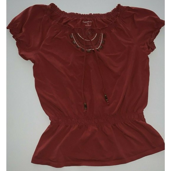 Croft & Barrow Womens Boho Top Size L Rust Embroidered Sequins Beads Elastic - Picture 1 of 7